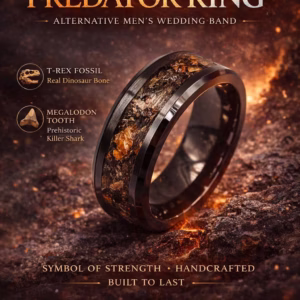Ultimate Predator T-Rex fossil and Megalodon tooth black ceramic wedding ring