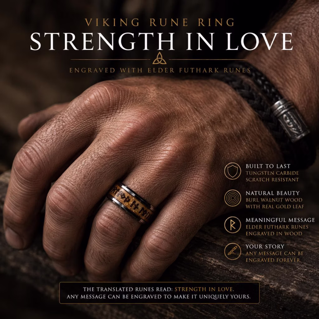 Strength in Love Viking rune ring in tungsten and burl walnut
