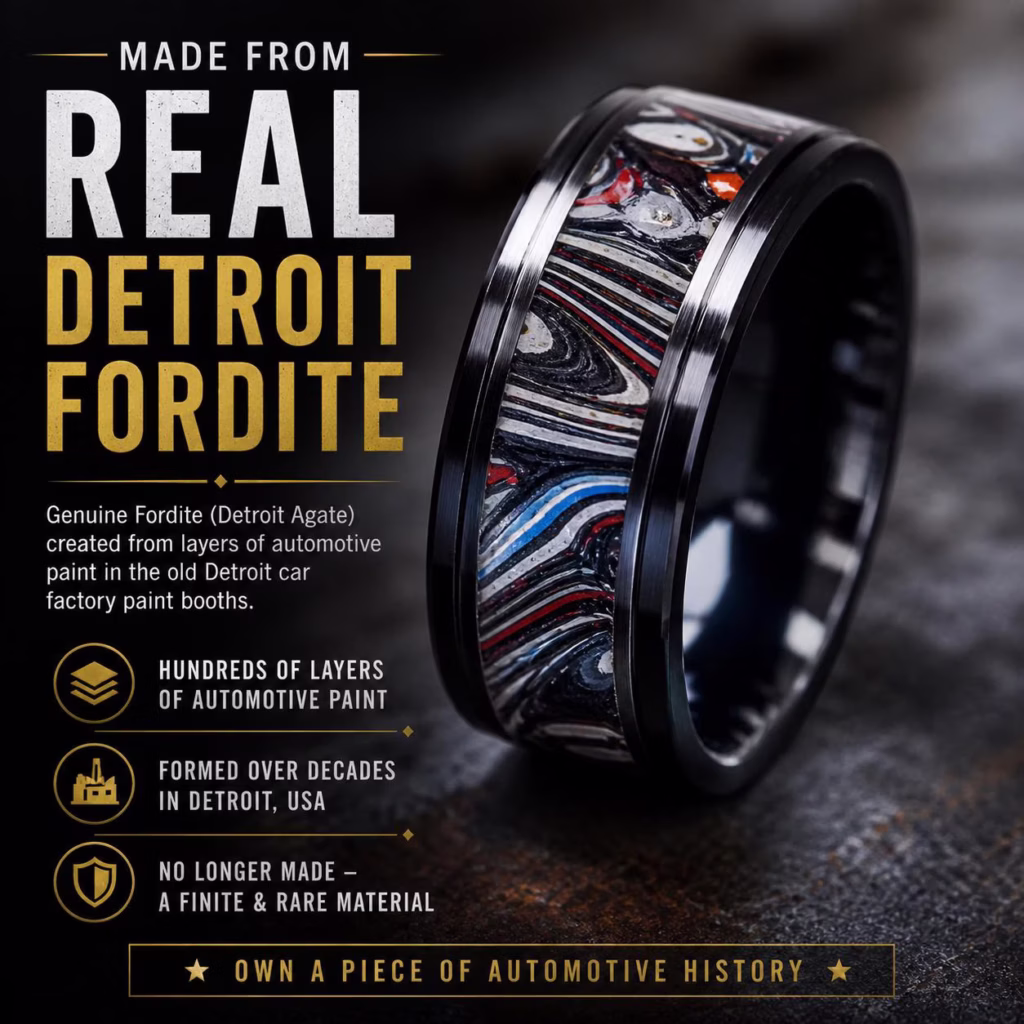 Detroit Agate genuine Fordite ring handcrafted in polished black ceramic