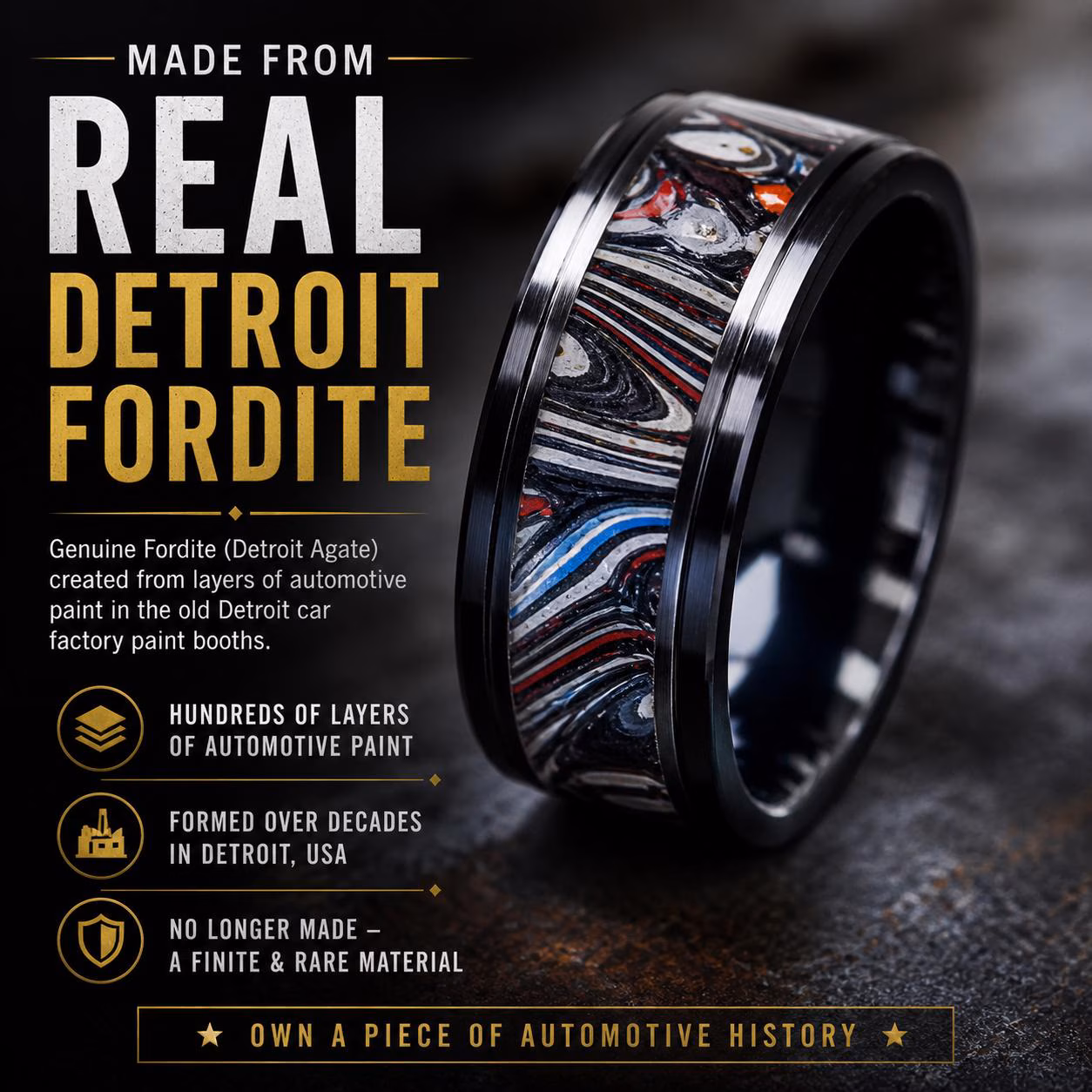 Detroit Agate genuine Fordite ring handcrafted in polished black ceramic